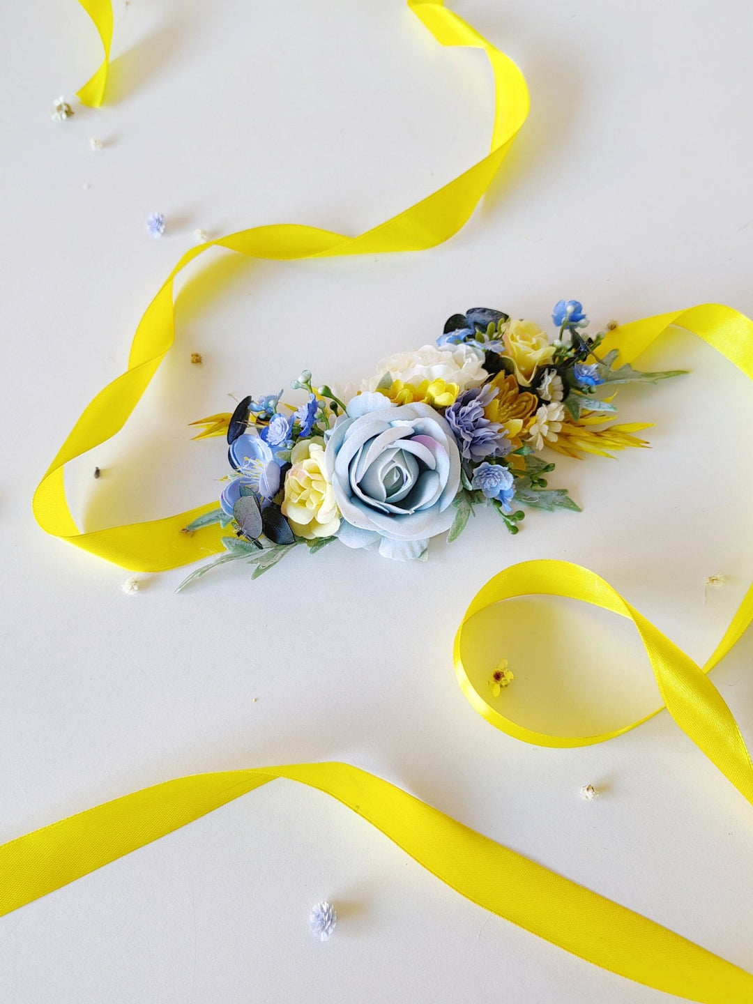 Yellow & Blue Flower Belt: Boho Bridal Dress Floral Accessory – handmade floral hair accessory by magaela