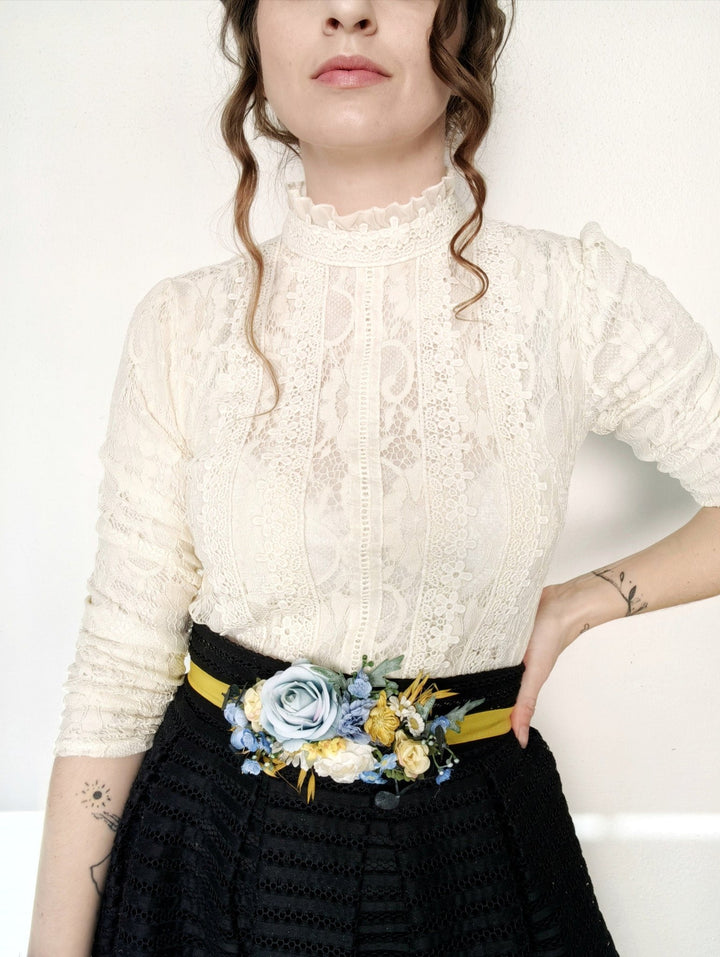 Yellow & Blue Flower Belt: Boho Bridal Dress Floral Accessory – handmade floral hair accessory by magaela