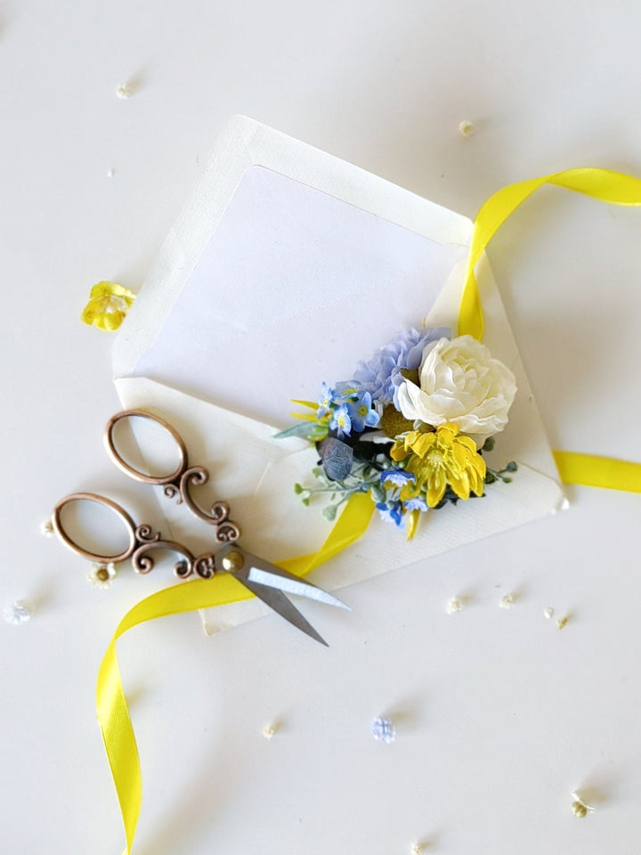 Yellow & Blue Flower Bracelet: Romantic Wedding Wrist Corsage – handmade floral hair accessory by magaela