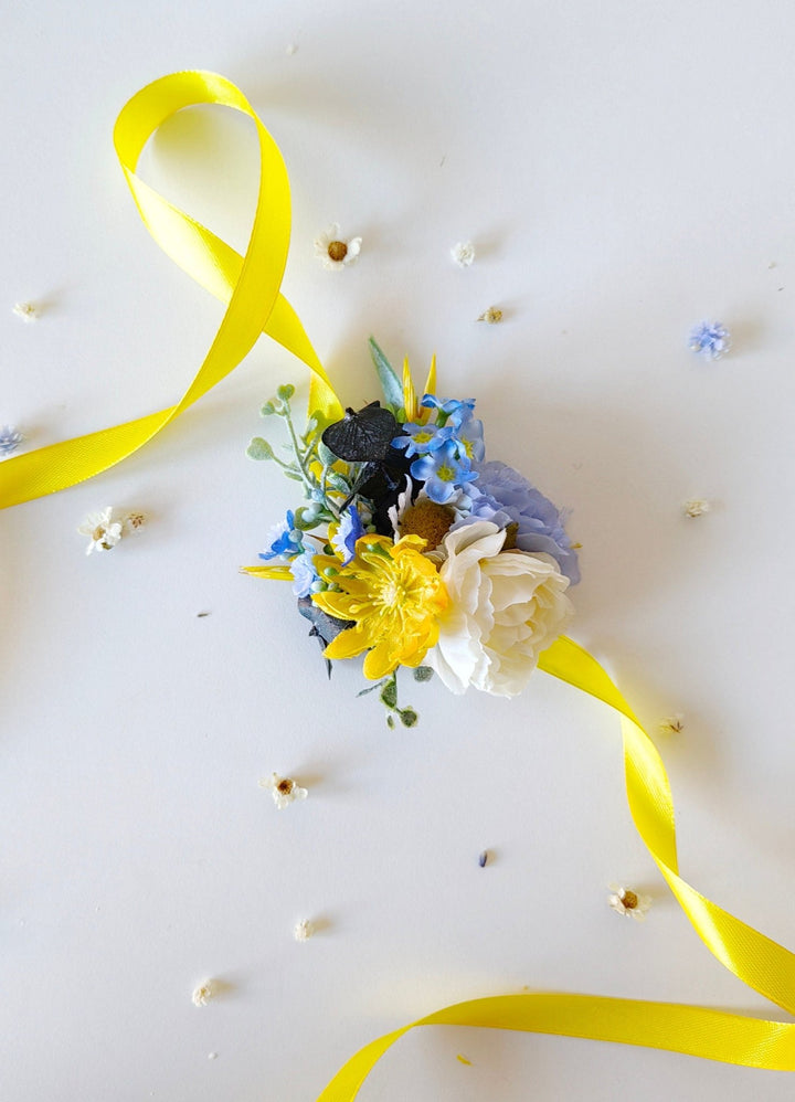 Yellow & Blue Flower Bracelet: Romantic Wedding Wrist Corsage – handmade floral hair accessory by magaela