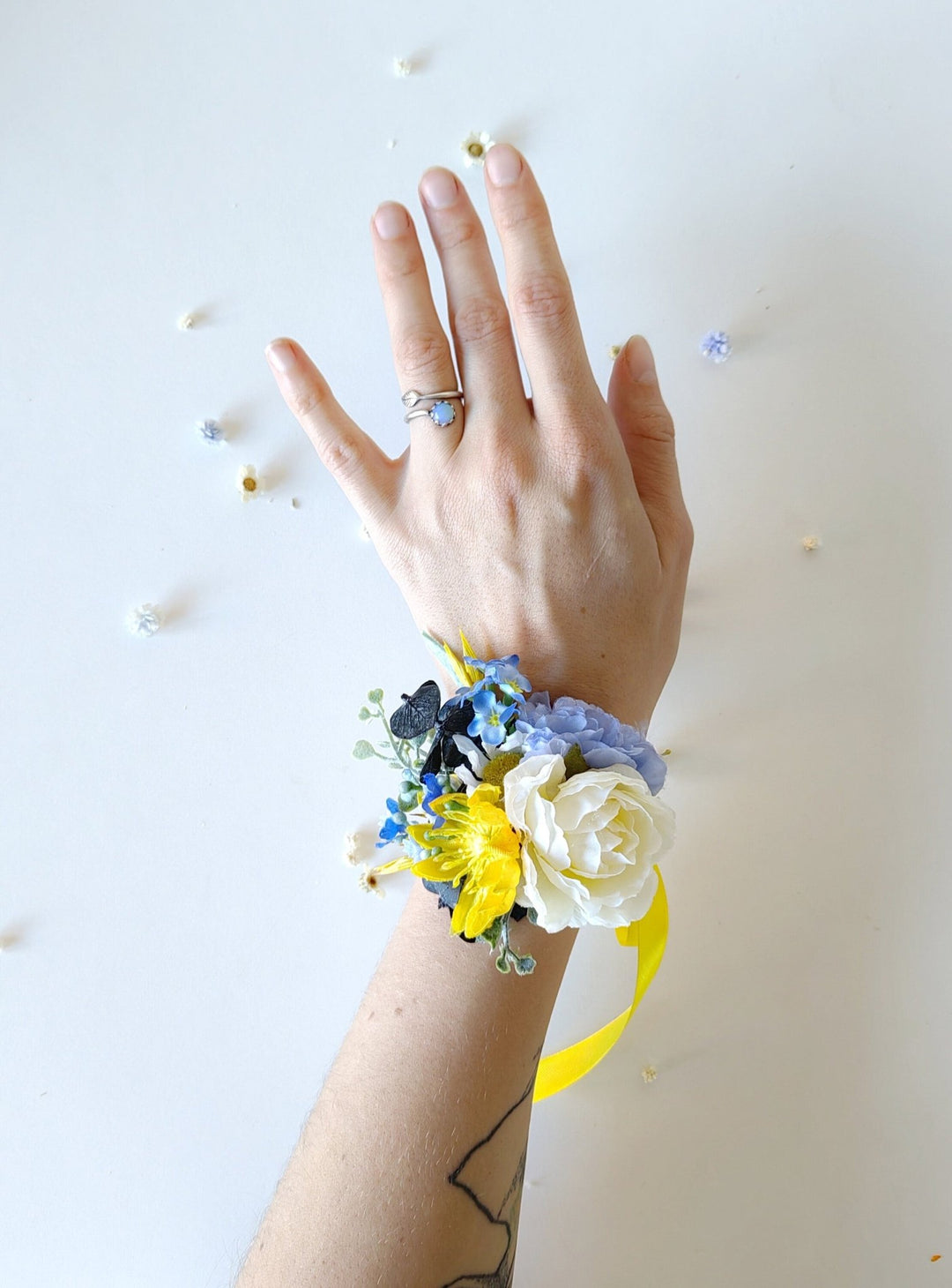 Yellow & Blue Flower Bracelet: Romantic Wedding Wrist Corsage – handmade floral hair accessory by magaela