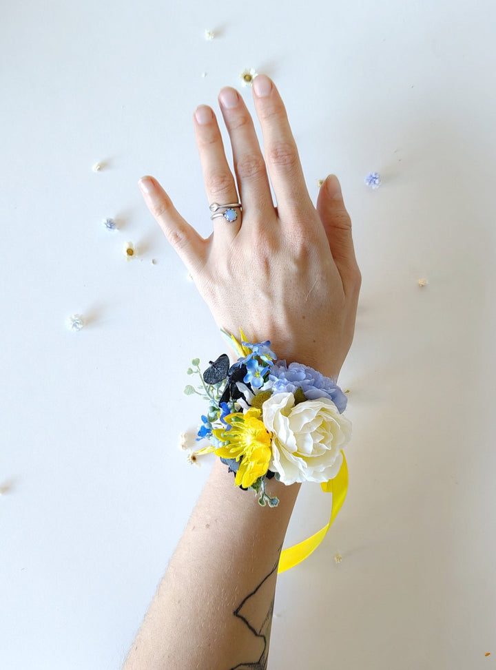Yellow & Blue Flower Bracelet: Romantic Wedding Wrist Corsage – handmade floral hair accessory by magaela