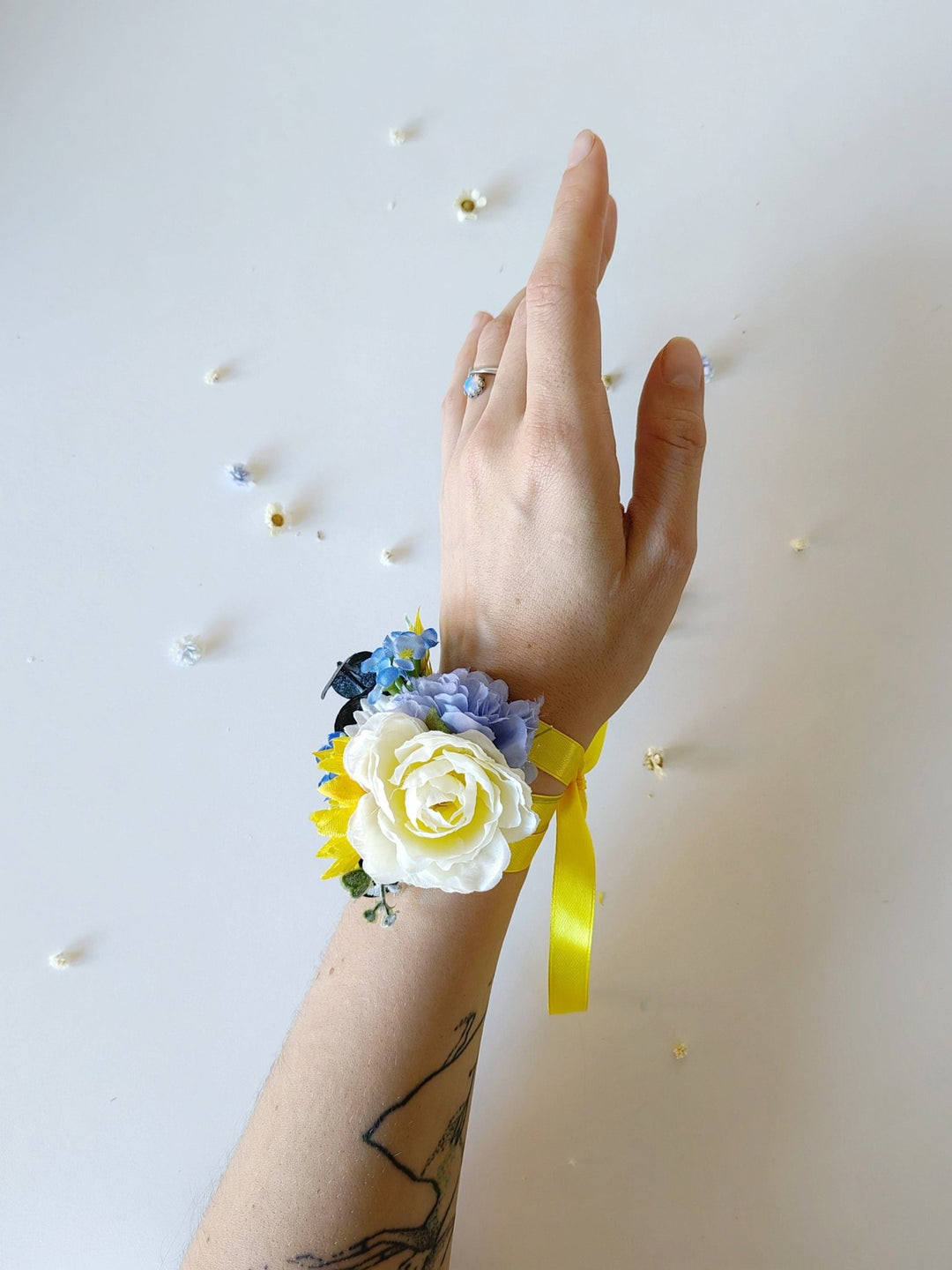 Yellow & Blue Flower Bracelet: Romantic Wedding Wrist Corsage – handmade floral hair accessory by magaela