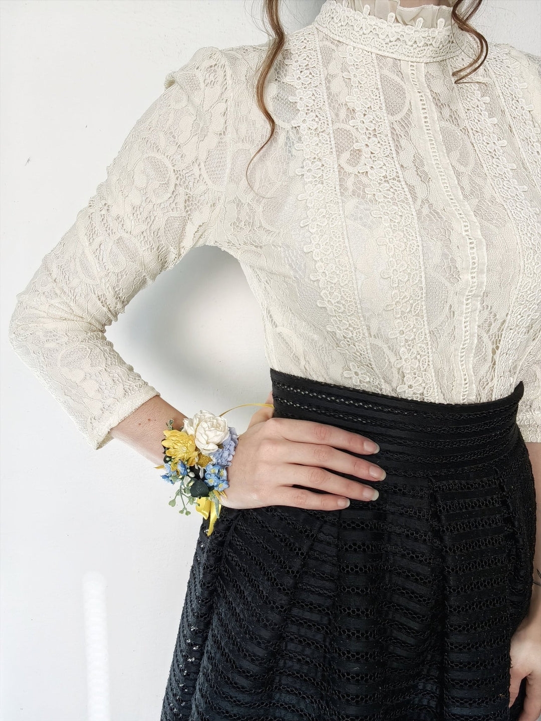 Yellow & Blue Flower Bracelet: Romantic Wedding Wrist Corsage – handmade floral hair accessory by magaela