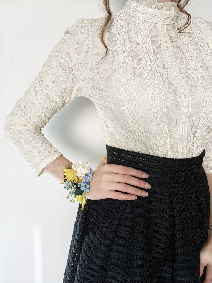 Yellow & Blue Flower Bracelet: Romantic Wedding Wrist Corsage – handmade floral hair accessory by magaela