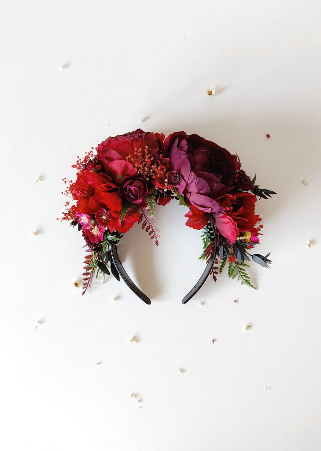 Burgundy Frida Flower Crown Headband: Double Sided Autumn Wedding Accessory – handmade floral hair accessory by magaela