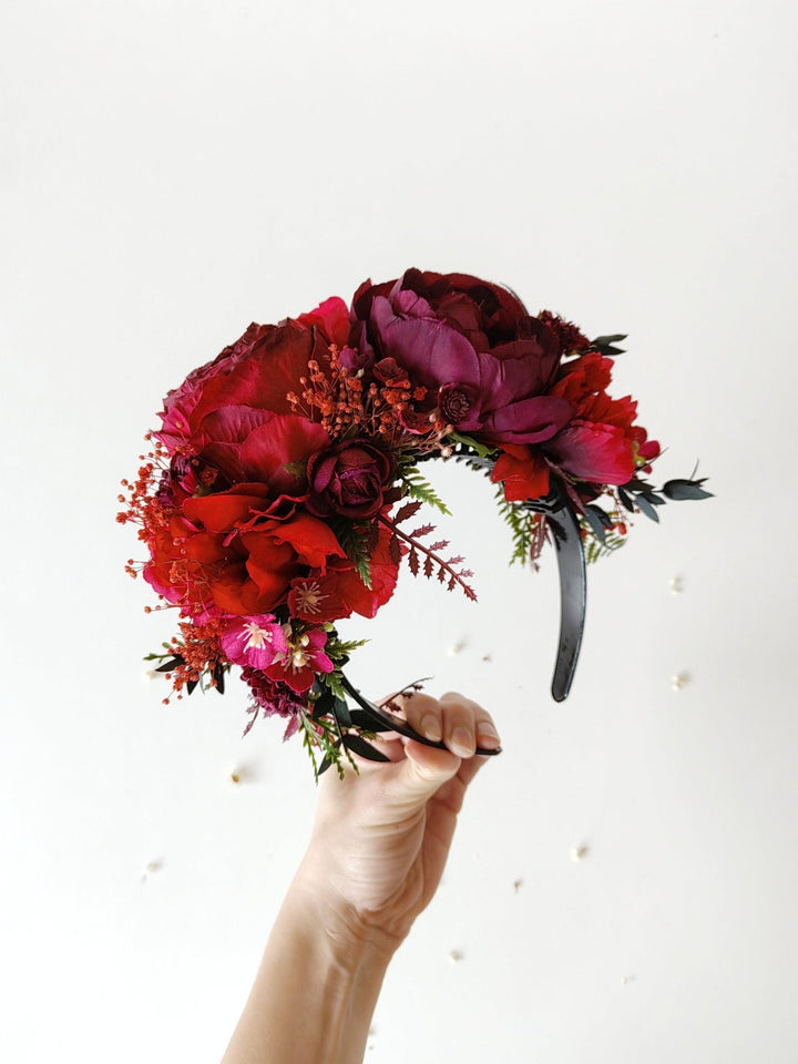 Burgundy Frida Flower Crown Headband: Autumn Wedding, Double - Sided – handmade floral hair accessory by magaela