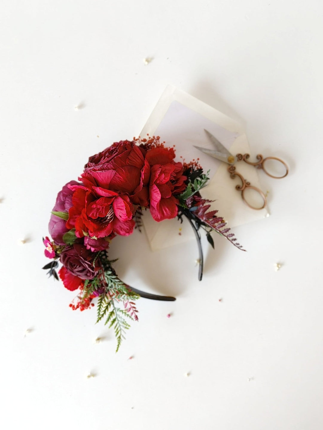 Burgundy Frida Flower Crown Headband: Double Sided Autumn Wedding Accessory – handmade floral hair accessory by magaela
