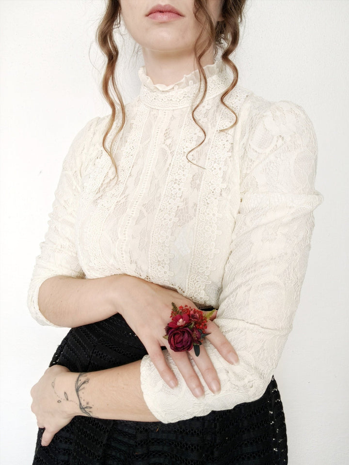 Burgundy Flower Ring: Boho Floral Jewelry, Frida Style Ring – handmade floral hair accessory by magaela