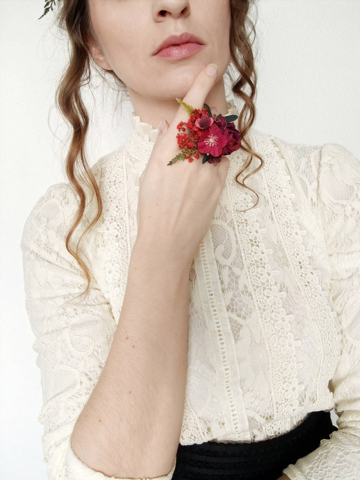 Burgundy Flower Ring: Boho Floral Jewelry, Frida Style Ring – handmade floral hair accessory by magaela