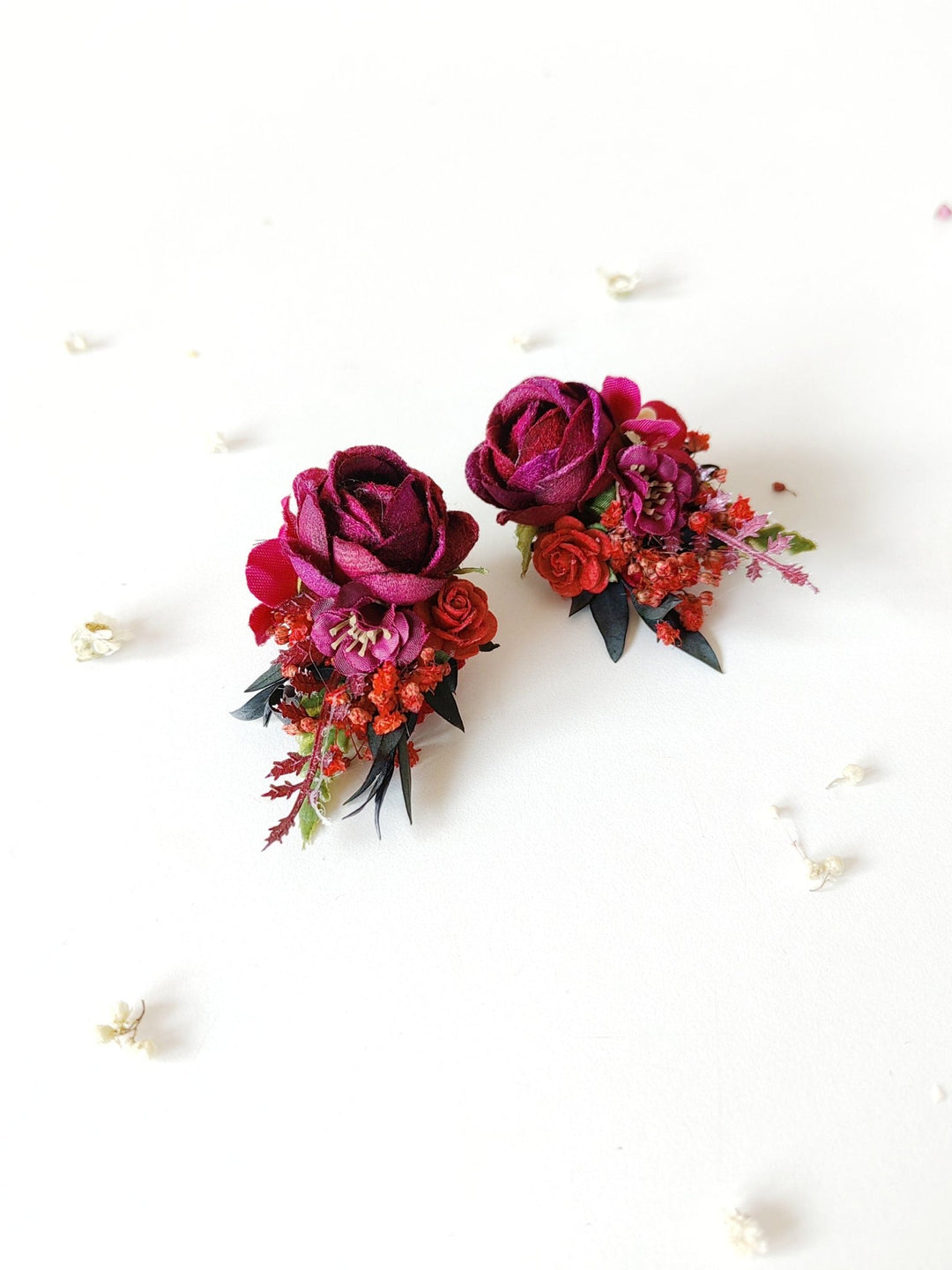 Burgundy Flower Stud Earrings: Dark Red Wedding Jewelry – handmade floral hair accessory by magaela