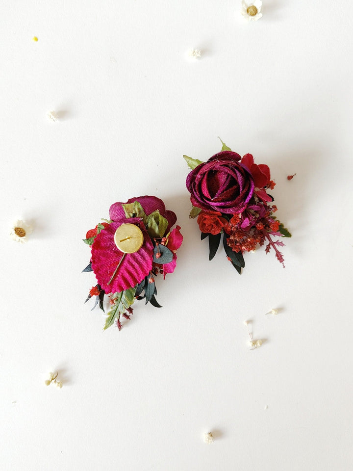 Burgundy Flower Stud Earrings: Dark Red Wedding Jewelry – handmade floral hair accessory by magaela