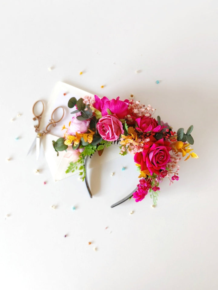 Magenta Frida Flower Headband: Boho Garden Wedding Crown – handmade floral hair accessory by magaela