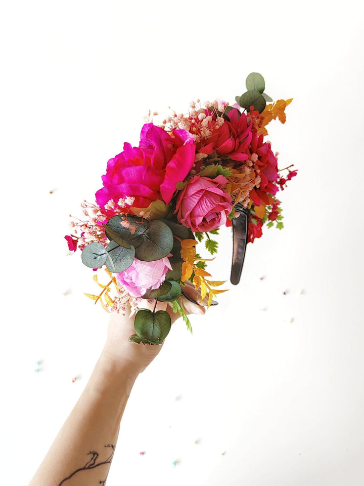 Magenta Frida Flower Headband: Boho Garden Wedding Crown – handmade floral hair accessory by magaela