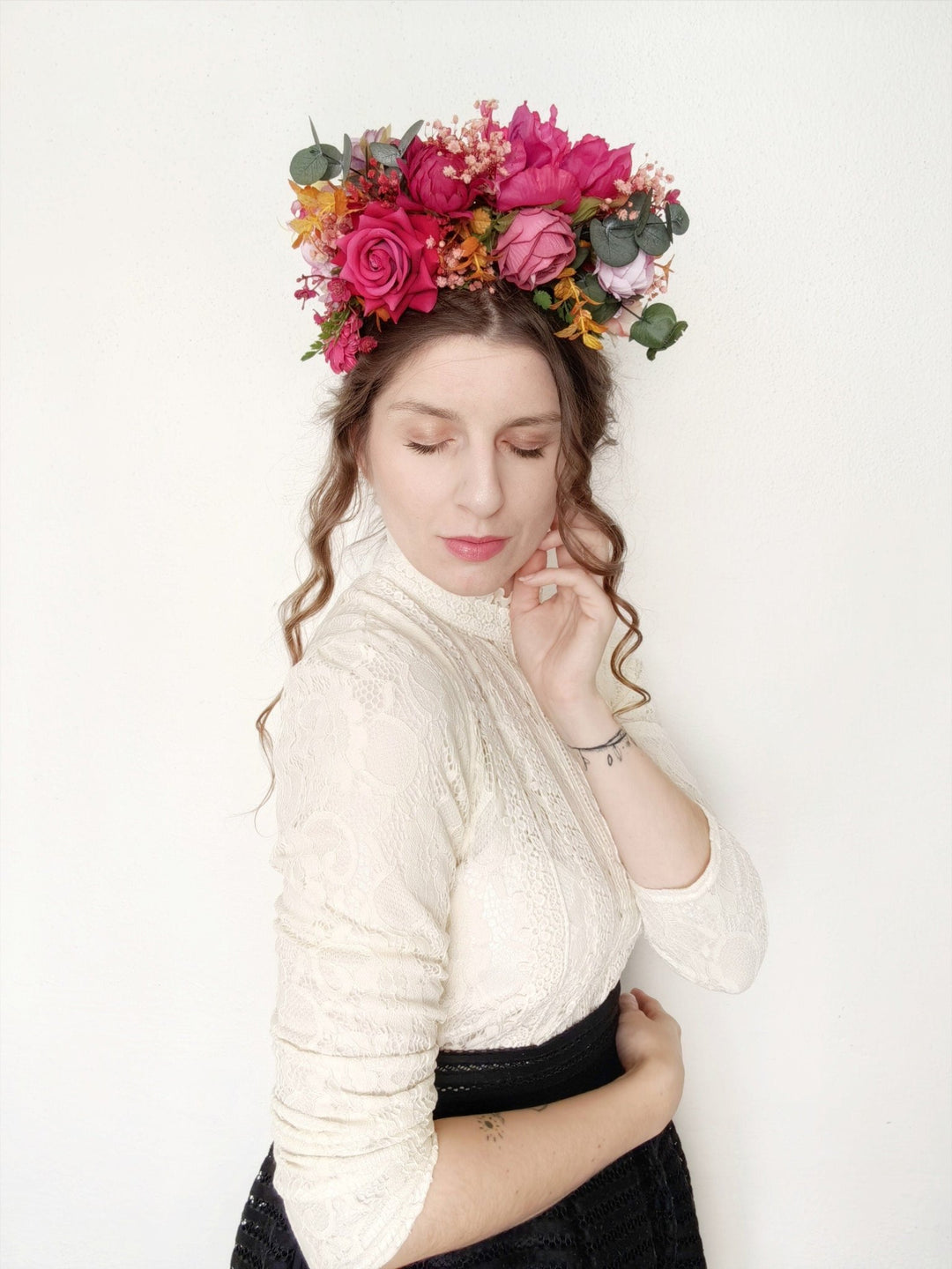 Magenta Frida Flower Headband: Boho Garden Wedding Crown – handmade floral hair accessory by magaela