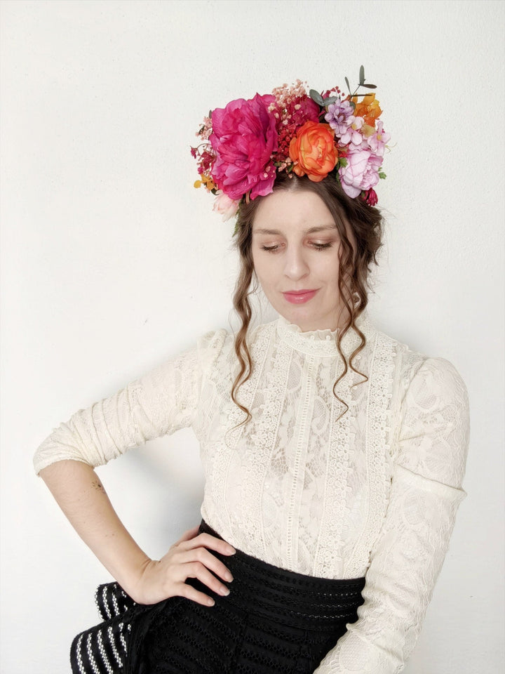 Magenta Frida Flower Headband: Boho Garden Wedding Crown – handmade floral hair accessory by magaela