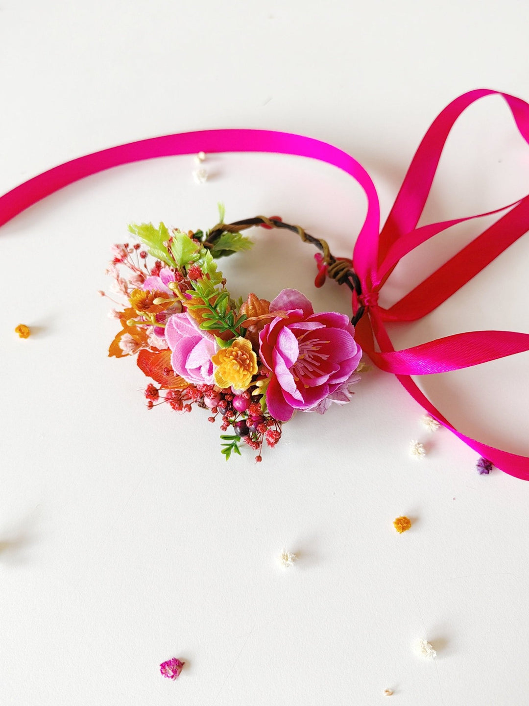 Magenta Flower Bracelet: Boho Wedding Wrist Corsage – handmade floral hair accessory by magaela