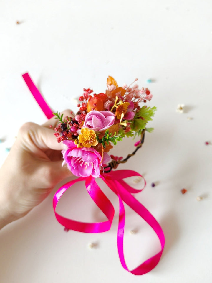 Magenta Flower Bracelet: Boho Wedding Wrist Corsage – handmade floral hair accessory by magaela