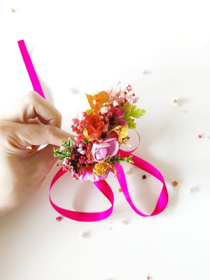 Magenta Flower Bracelet: Boho Wedding Wrist Corsage – handmade floral hair accessory by magaela