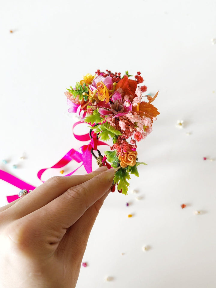 Magenta Flower Bracelet: Boho Wedding Wrist Corsage – handmade floral hair accessory by magaela