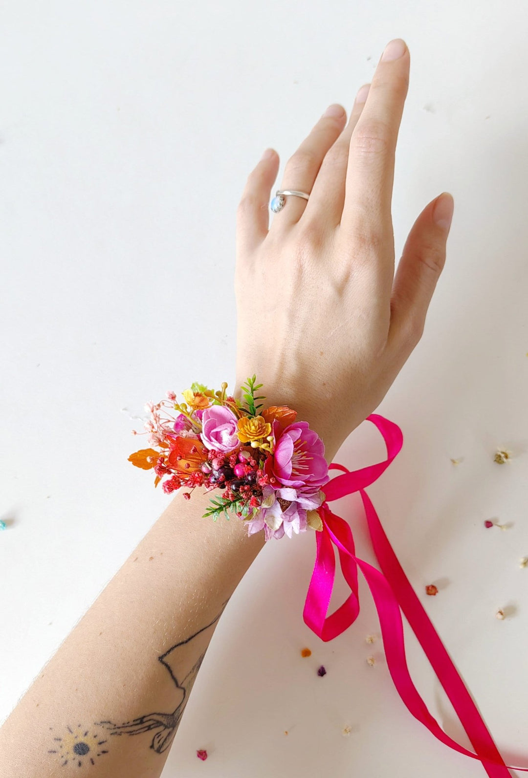 Magenta Flower Bracelet: Boho Wedding Wrist Corsage – handmade floral hair accessory by magaela