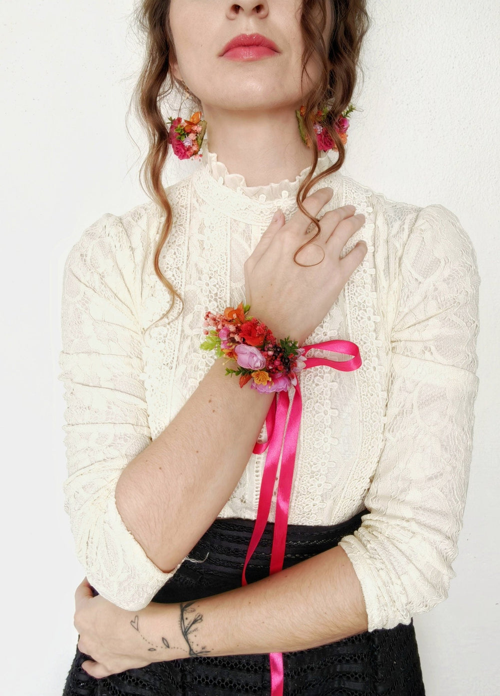Magenta Flower Bracelet: Boho Wedding Wrist Corsage – handmade floral hair accessory by magaela
