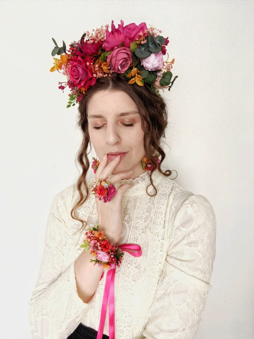 Magenta Flower Bracelet: Boho Wedding Wrist Corsage – handmade floral hair accessory by magaela