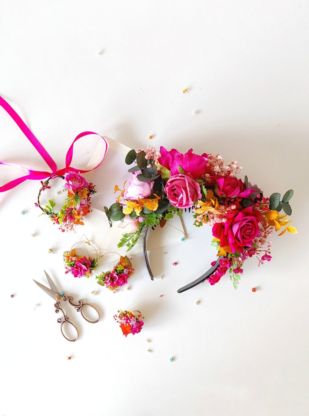 Magenta Flower Circle Earrings: Bridal Wedding Jewelry – handmade floral hair accessory by magaela