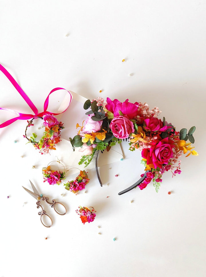 Magenta Flower Circle Earrings: Bridal Wedding Jewelry – handmade floral hair accessory by magaela