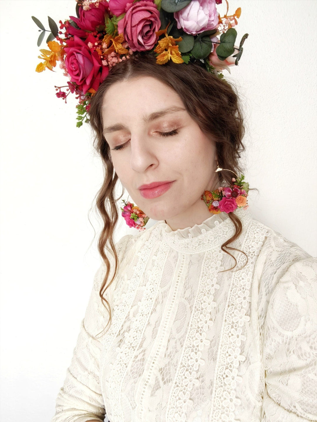 Magenta Flower Circle Earrings: Bridal Wedding Jewelry – handmade floral hair accessory by magaela