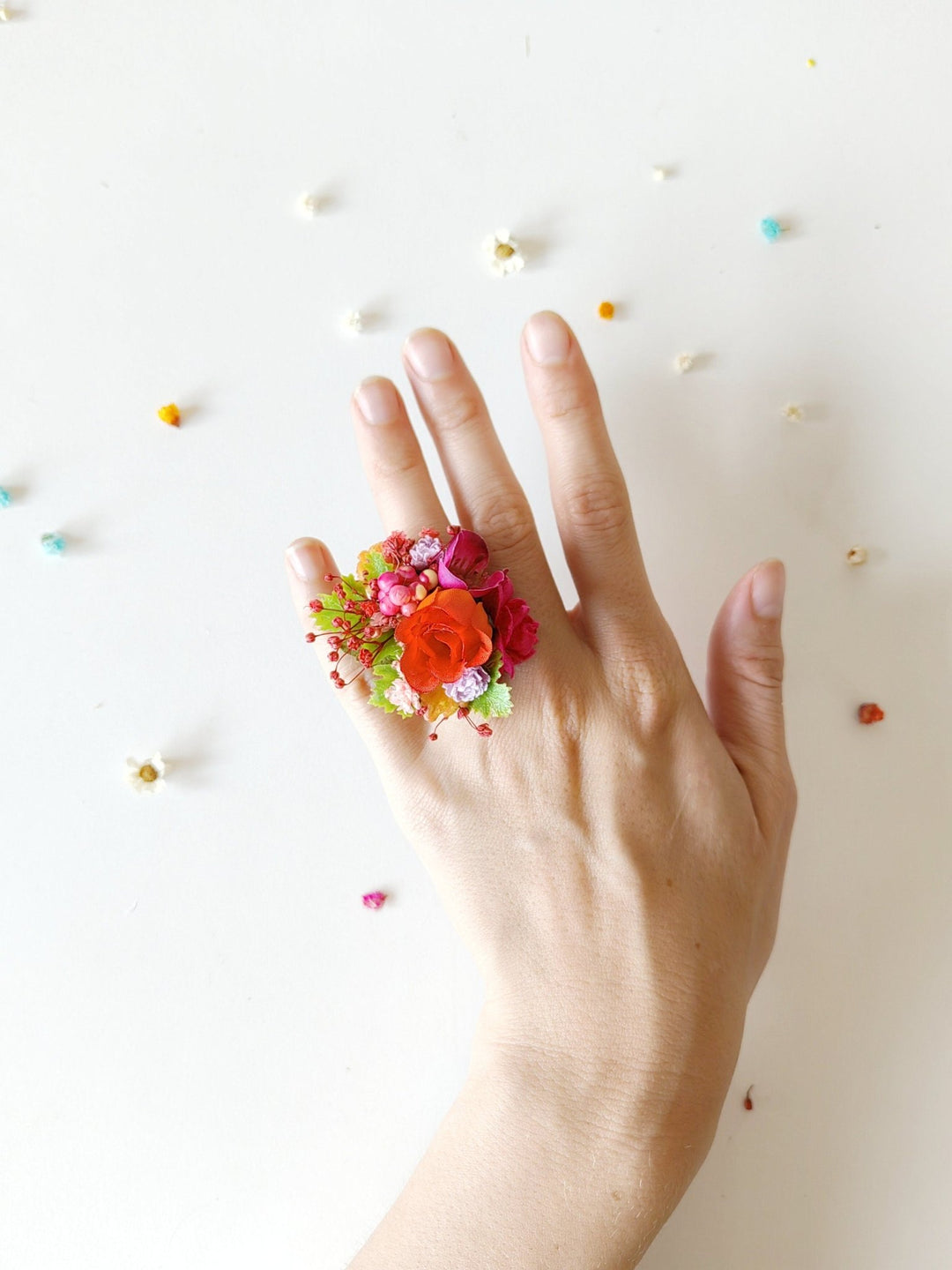 Boho Floral Ring: Magenta Flower Jewelry, Adjustable Band – handmade floral hair accessory by magaela