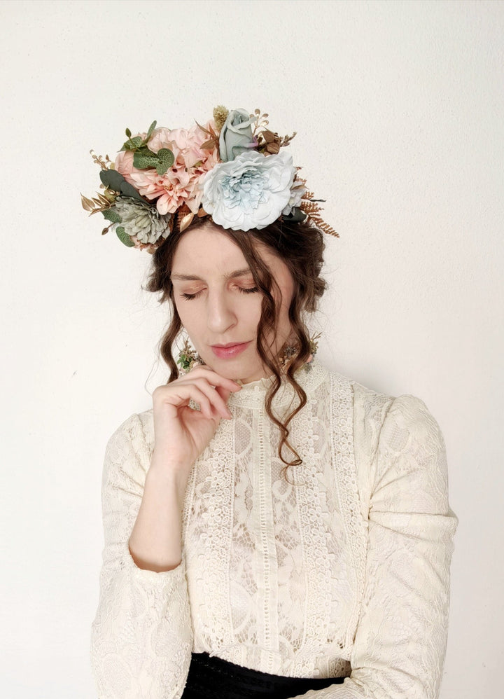 Pastel Frida Flower Headband: Peach Garden Wedding Crown – handmade floral hair accessory by magaela