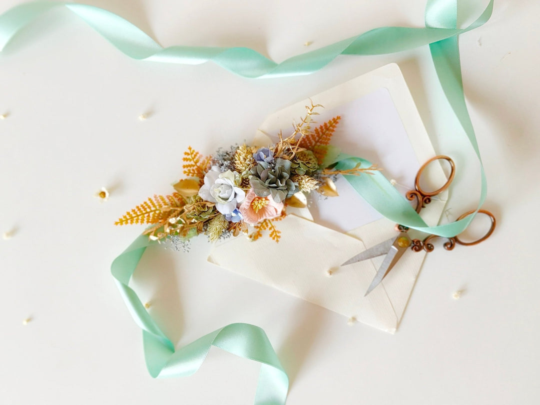 Mint Flower Bridal Belt: Pastel Wedding Dress Sash, Golden Leaves – handmade floral hair accessory by magaela