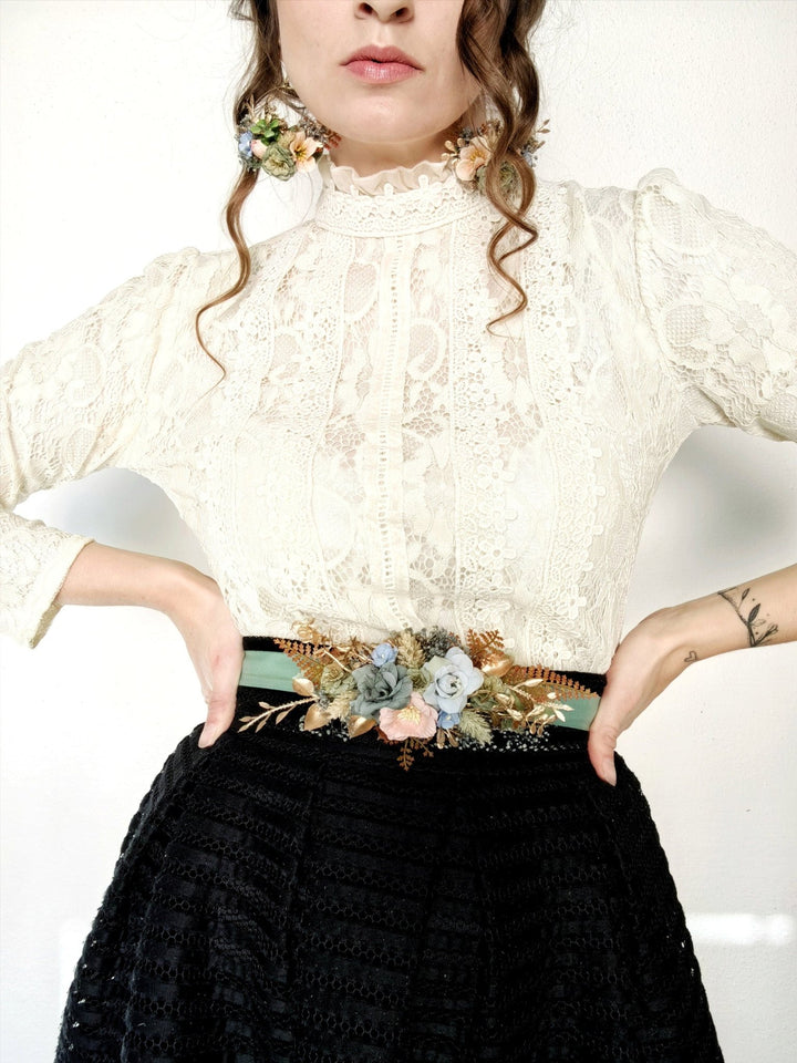 Mint Flower Bridal Belt: Pastel Wedding Dress Sash, Golden Leaves – handmade floral hair accessory by magaela