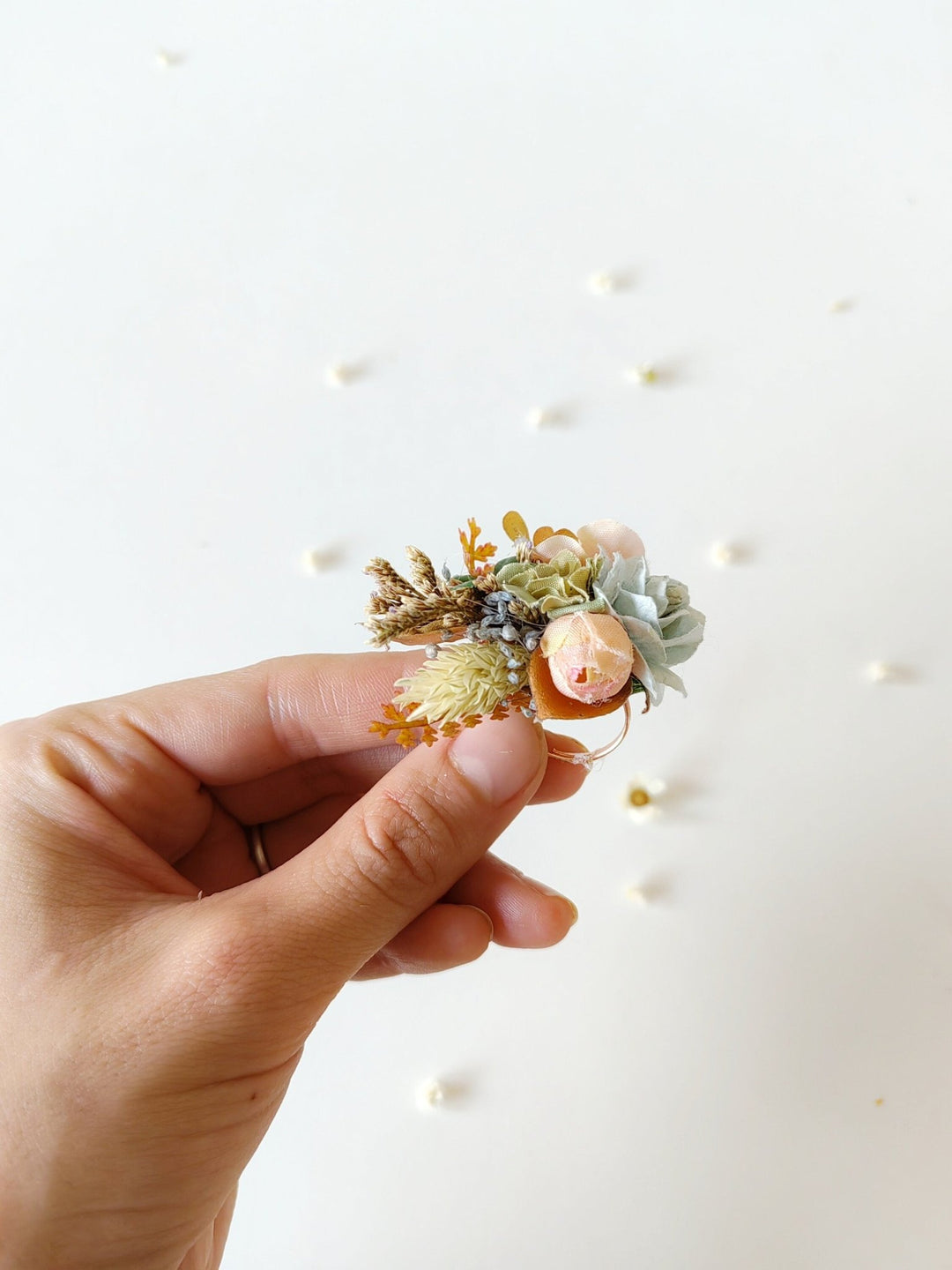 Pastel Flower Ring: Boho Wedding Jewelry, Adjustable Band – handmade floral hair accessory by magaela