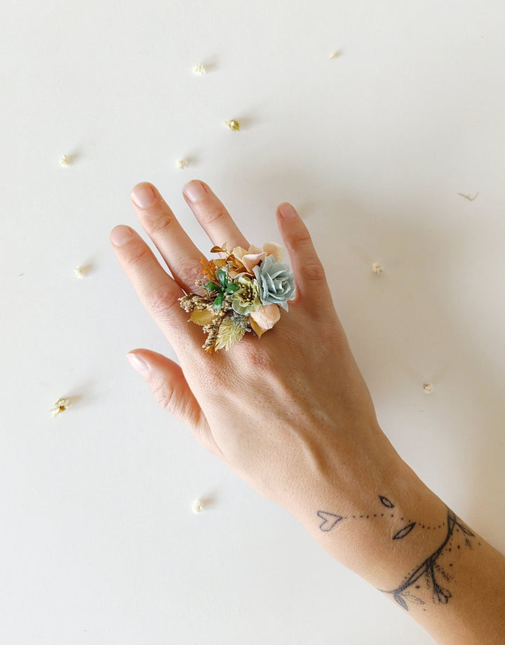 Pastel Flower Ring: Boho Wedding Jewelry, Adjustable Band – handmade floral hair accessory by magaela