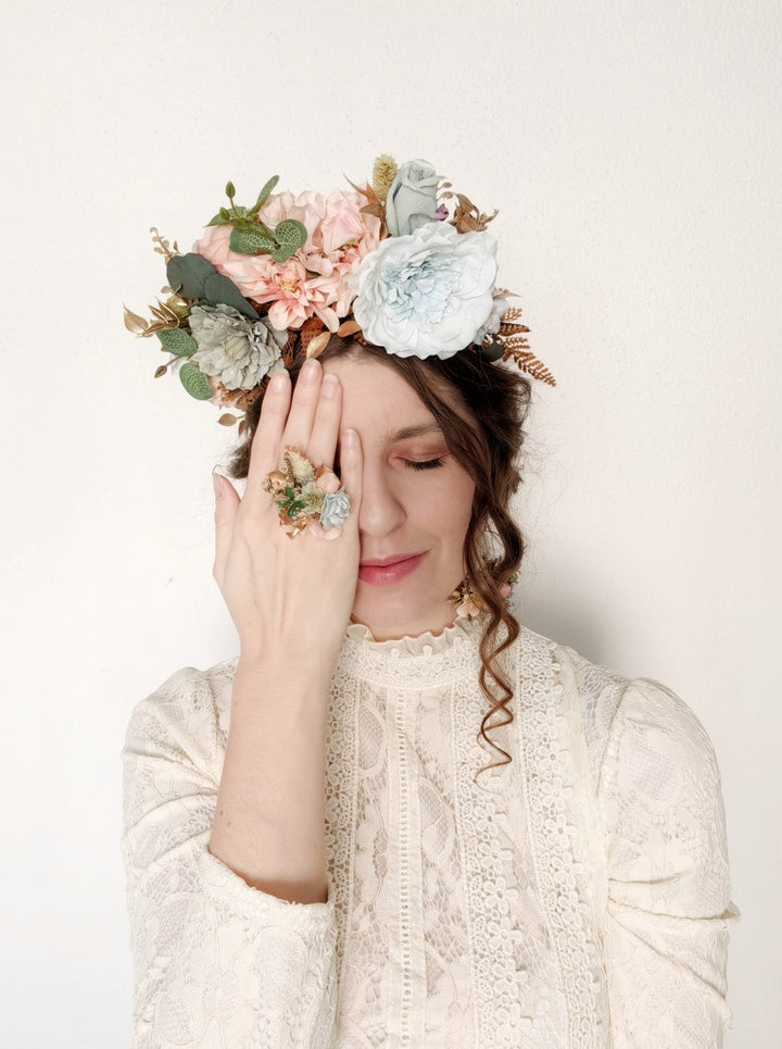 Pastel Flower Ring: Boho Wedding Jewelry, Adjustable Band – handmade floral hair accessory by magaela