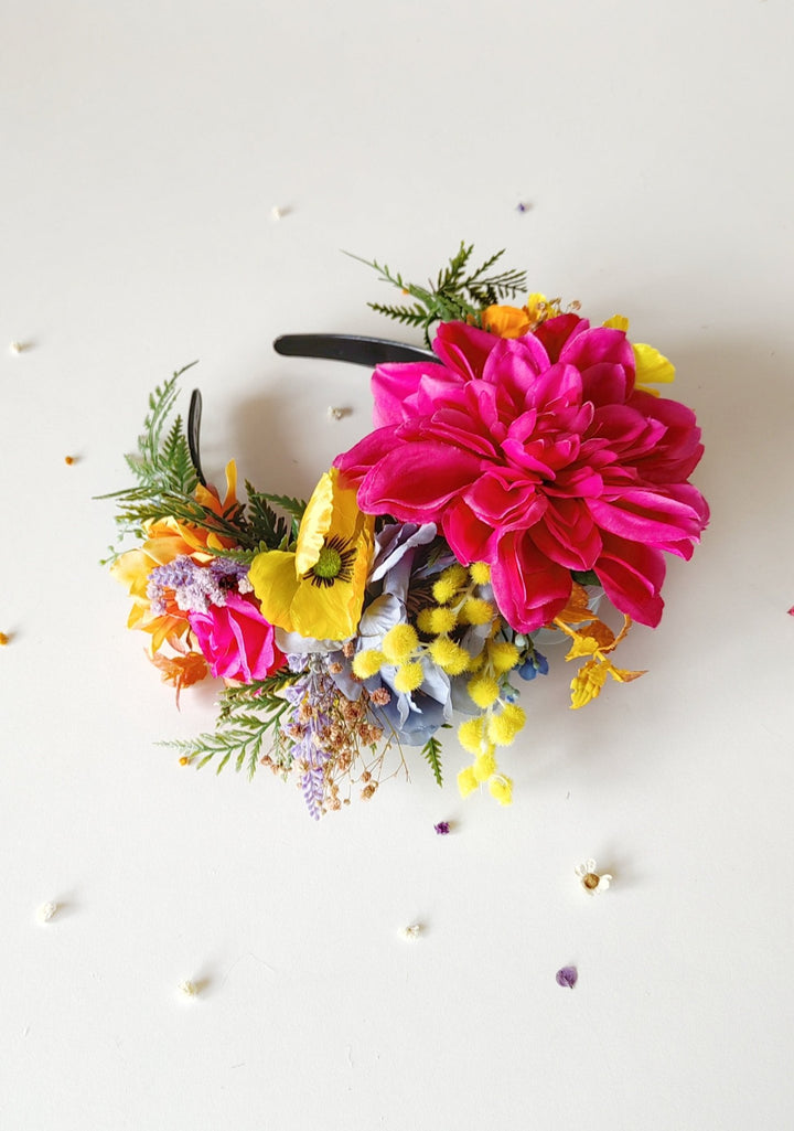 Frida Flower Headband: Magenta Garden Wedding Crown, Boho Floral Accessory – handmade floral hair accessory by magaela