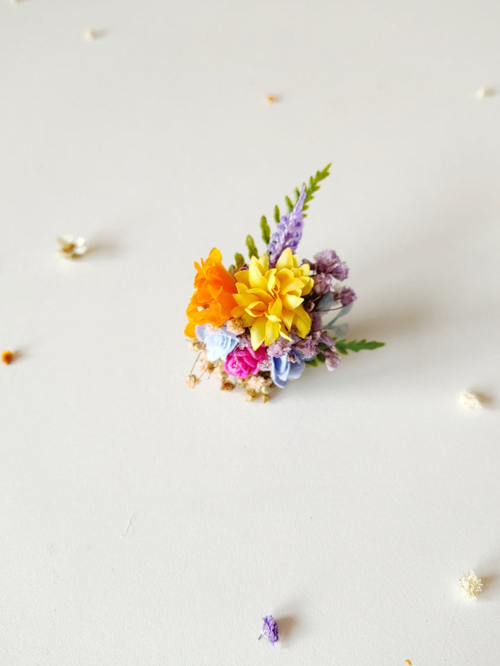 Boho Flower Ring: Colorful Wildflower Jewelry, Adjustable Band – handmade floral hair accessory by magaela