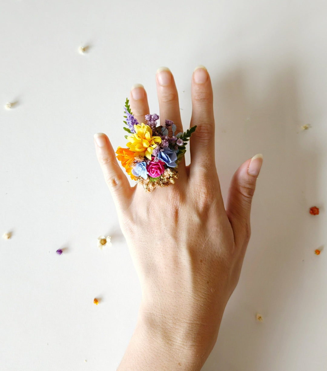 Boho Flower Ring: Colorful Wildflower Jewelry, Adjustable Band – handmade floral hair accessory by magaela