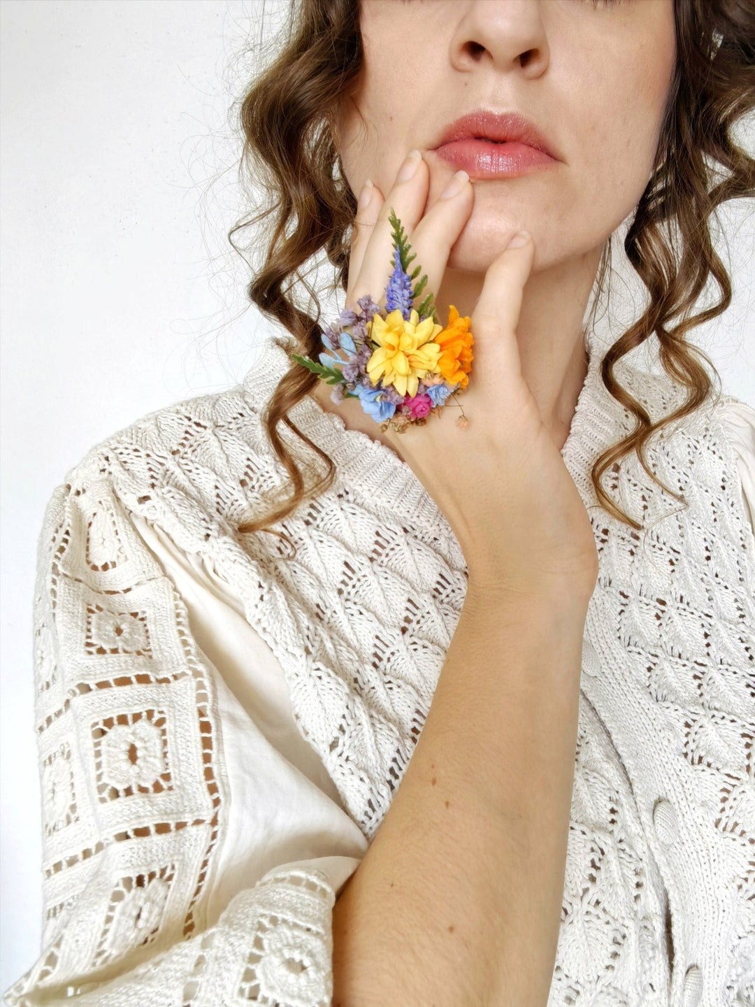 Boho Flower Ring: Colorful Wildflower Jewelry, Adjustable Band – handmade floral hair accessory by magaela