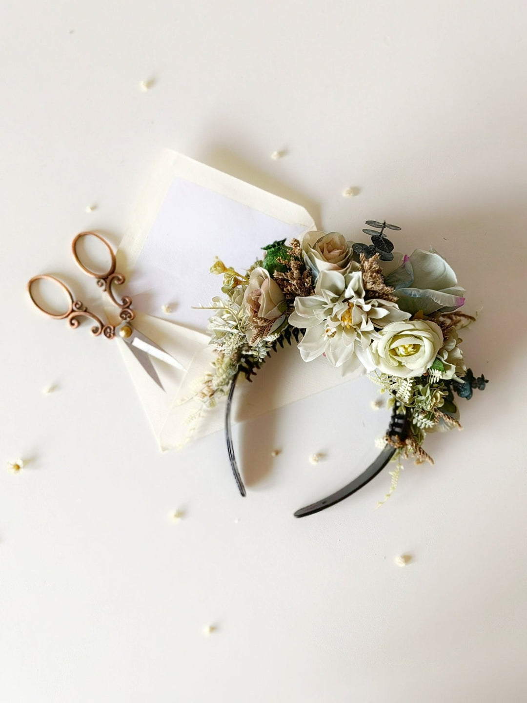 Pastel Green Flower Headband: Boho Wedding Double Sided Crown – handmade floral hair accessory by magaela