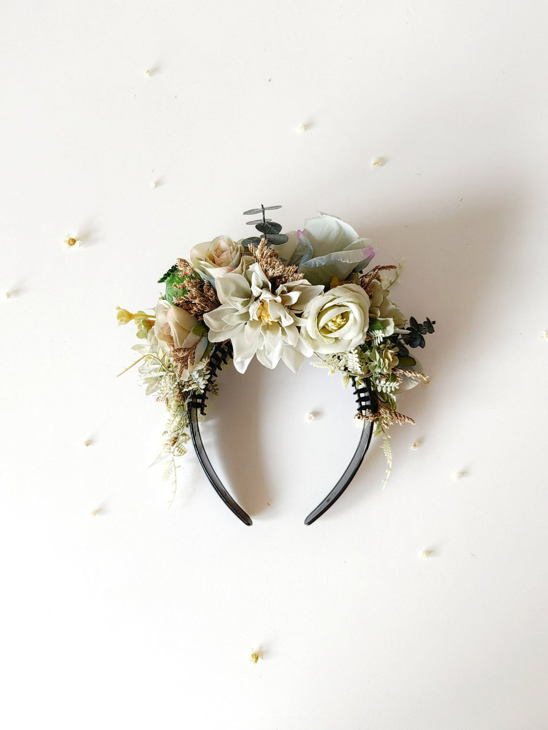 Pastel Green Flower Headband: Boho Wedding Double Sided Crown – handmade floral hair accessory by magaela