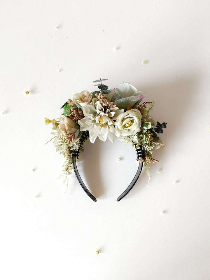 Pastel Green Flower Headband: Boho Wedding Double Sided Crown – handmade floral hair accessory by magaela