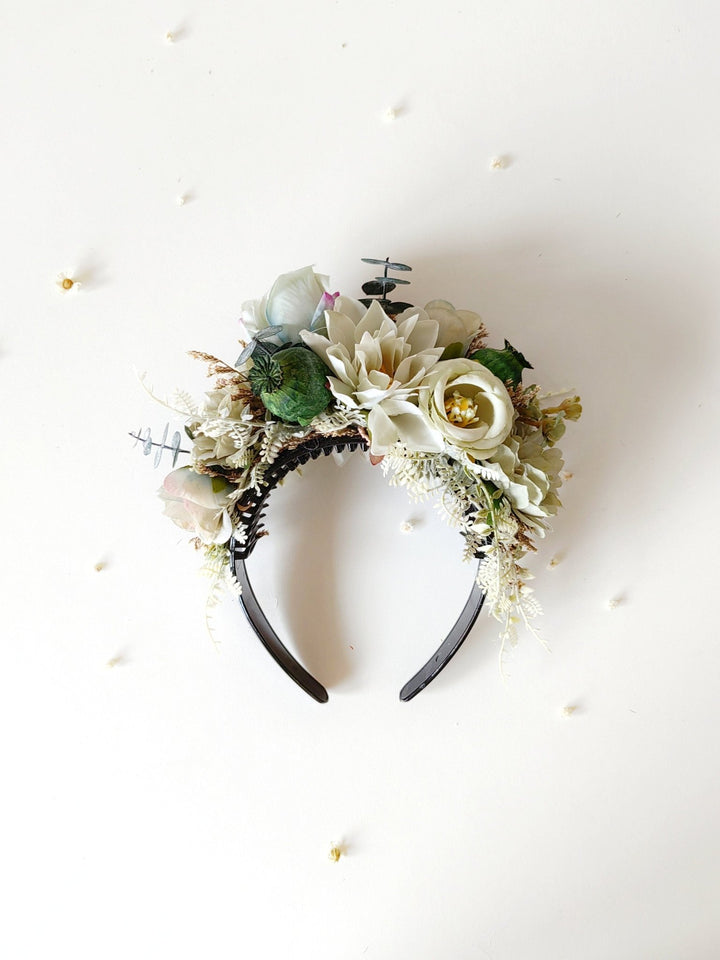 Pastel Green Flower Headband: Boho Wedding Double Sided Crown – handmade floral hair accessory by magaela
