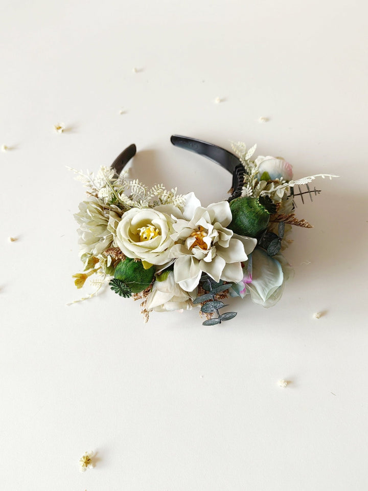 Pastel Green Flower Headband: Boho Wedding Double Sided Crown – handmade floral hair accessory by magaela