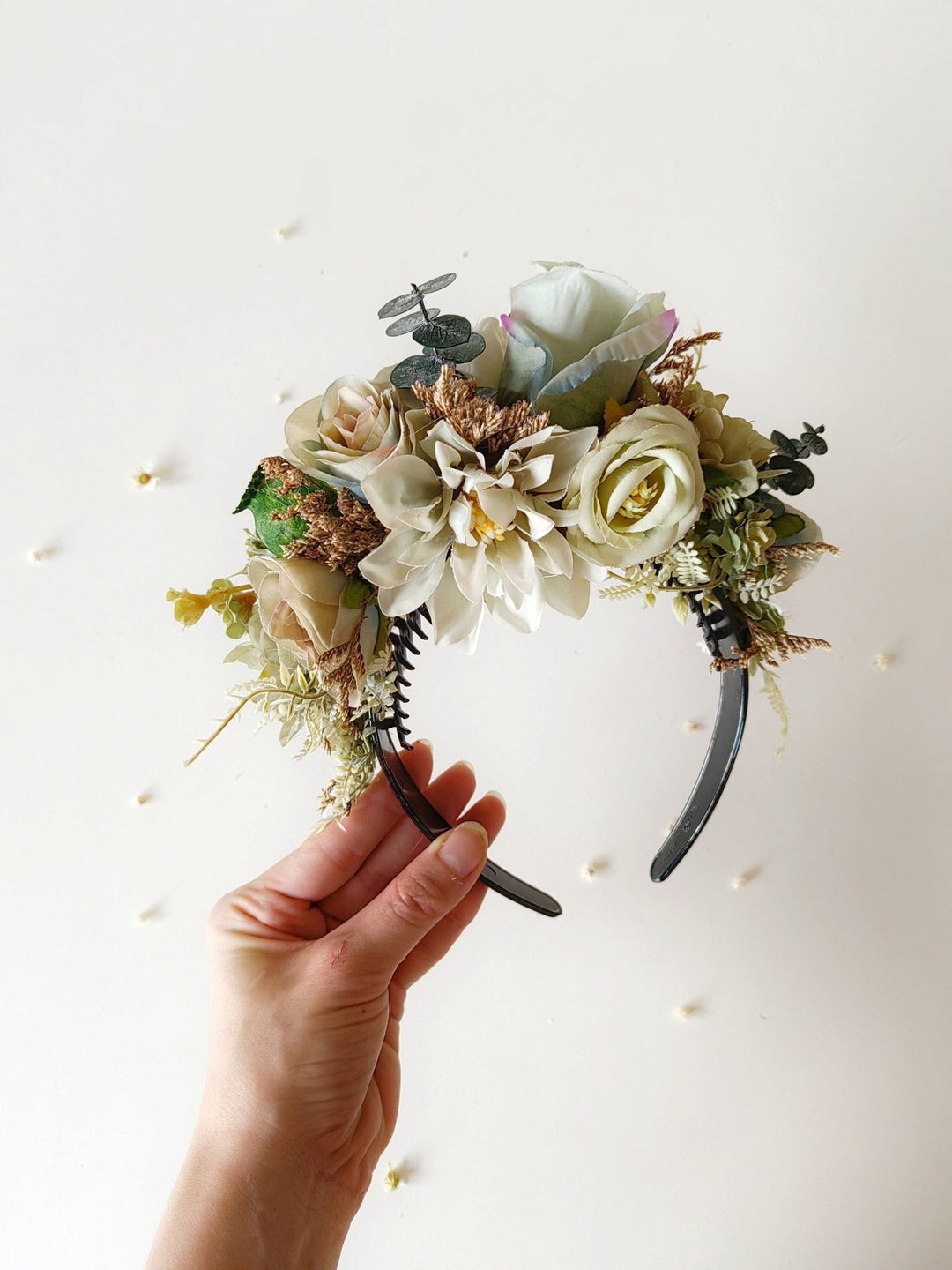 Pastel Green Flower Headband: Boho Wedding Double Sided Crown – handmade floral hair accessory by magaela