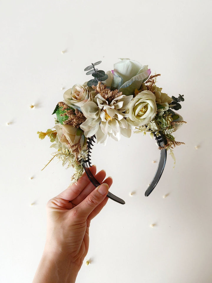 Pastel Green Flower Headband: Boho Wedding Double Sided Crown – handmade floral hair accessory by magaela