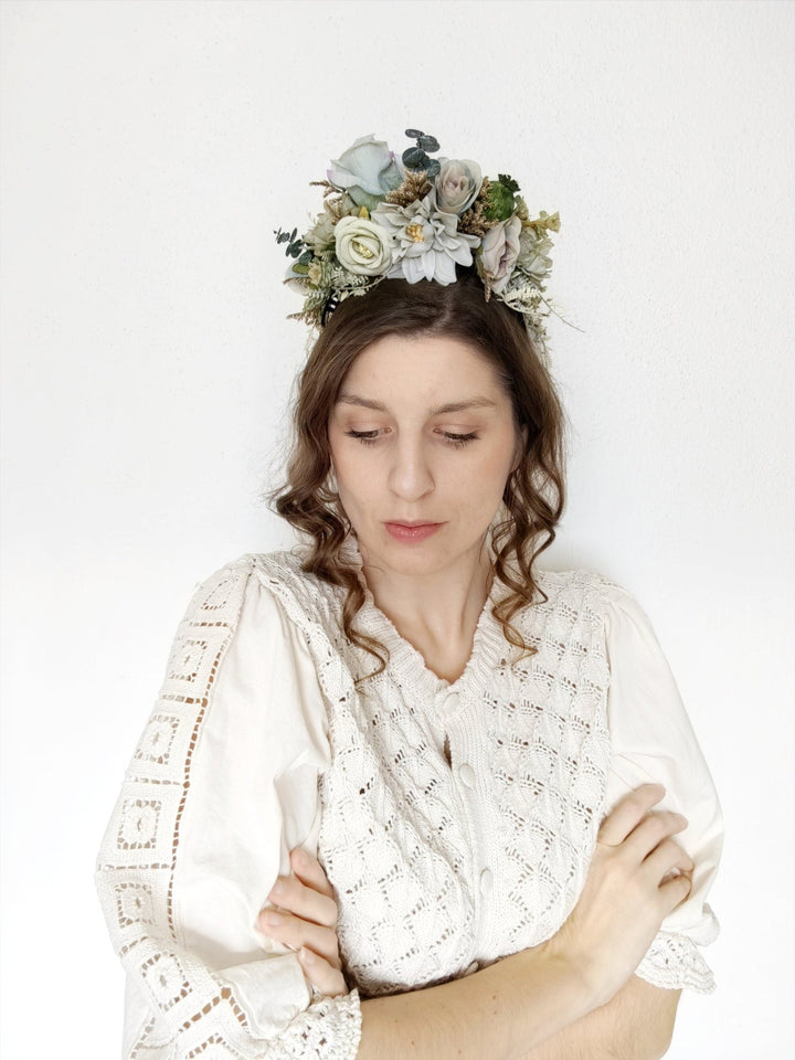 Pastel Green Flower Headband: Boho Wedding Double Sided Crown – handmade floral hair accessory by magaela