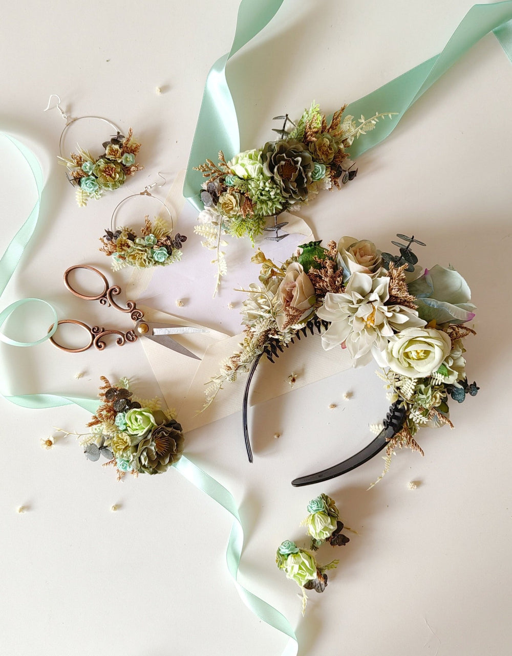 Mint Green Flower Belt: Boho Bridal Dress, Summer Festivals – handmade floral hair accessory by magaela